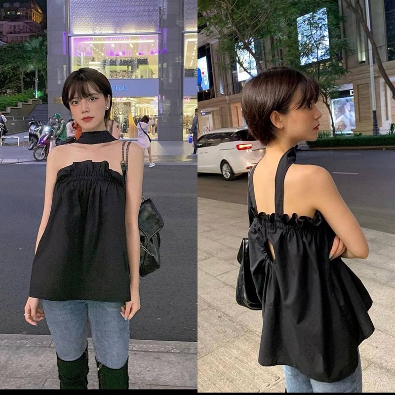☾❡♂Áo Khoen Tròn Hở Lưng Dây Cổ Chocker (ĐEN)