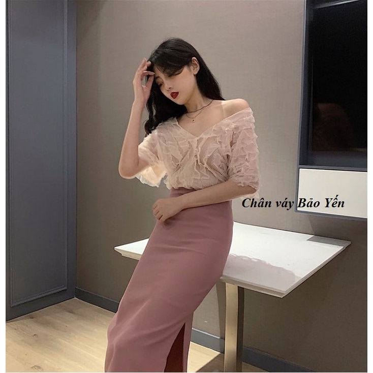 Chân váy midi suông màu hồng phấn dai 70cm xẻ sườn (sẵn size)- M74