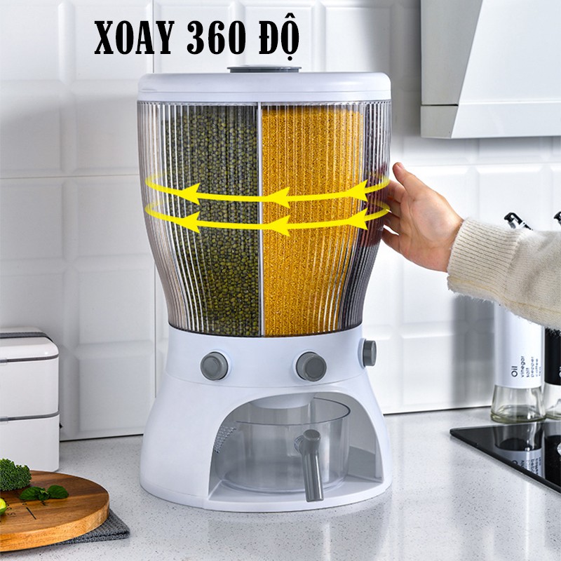 Thùng đựng gạo, ngũ cốc thông minh 4 ngăn [TG03] - Thùng đựng gạo 10kg xoay 360 độ