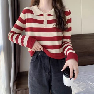 Áo len kẻ cổ bẻ
