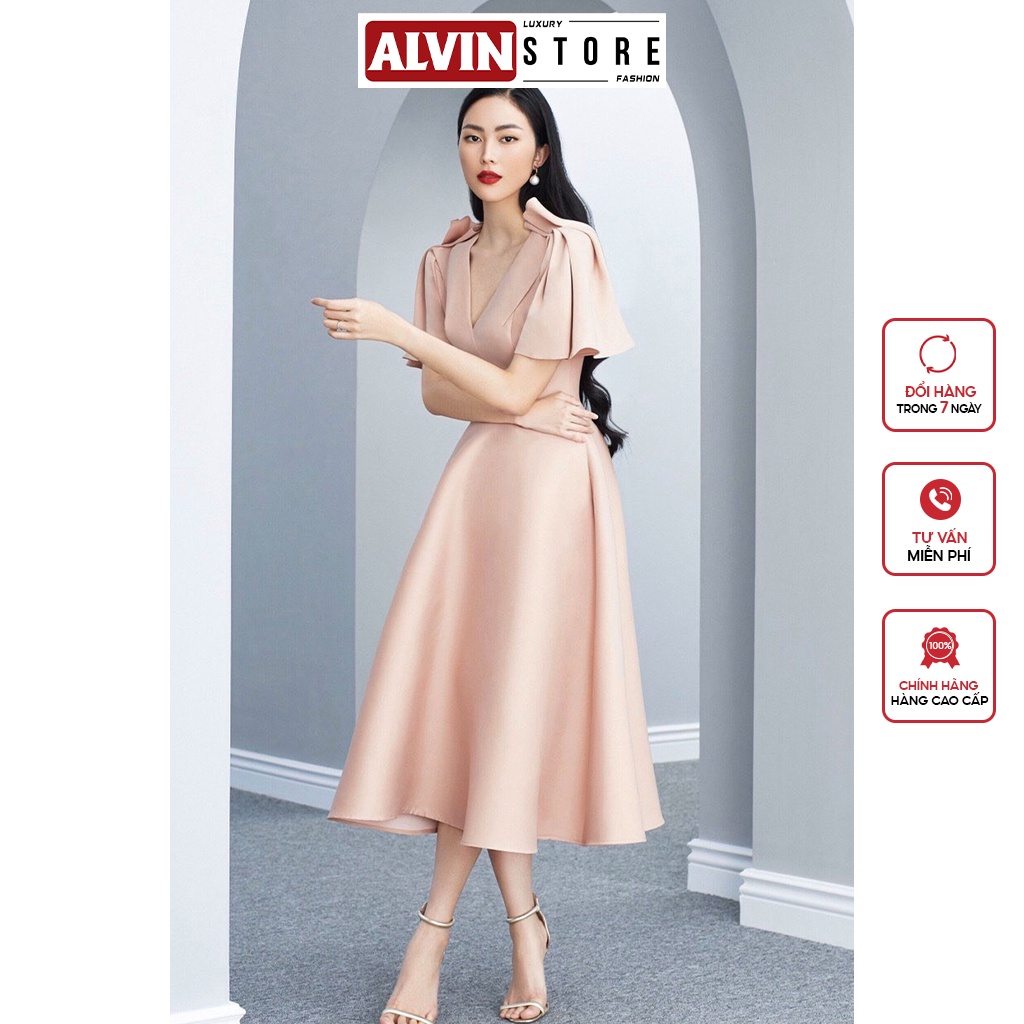 Đầm Dáng Xòe Dài Cao Cấp Cổ Tim Tay Cánh Tiên Xếp Ly Sang Trọng Alvin Store 2829