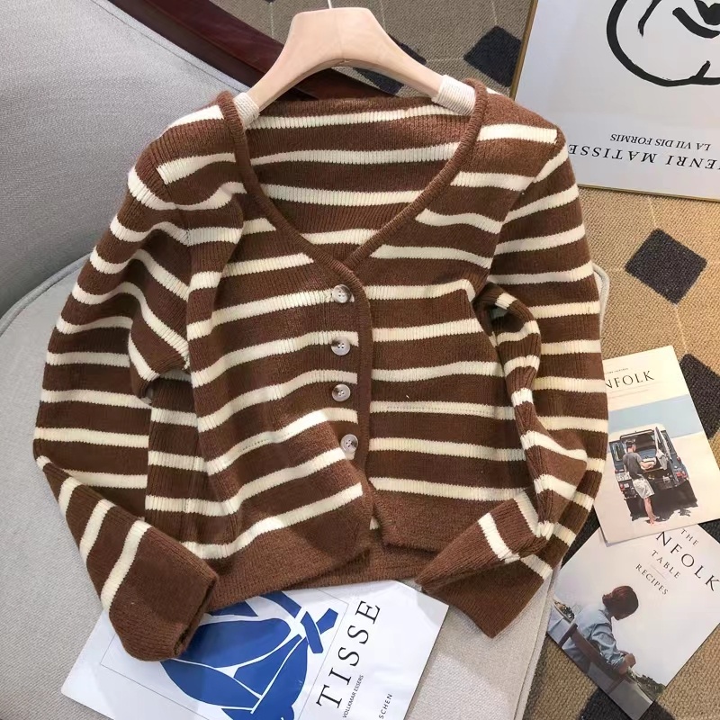Áo Khoác cardigan Dệt Kim Tay Dài Dáng Rộng Cổ Chữ V Họa Tiết Kẻ Sọc Thời Trang Mùa Thu Cho Nữ