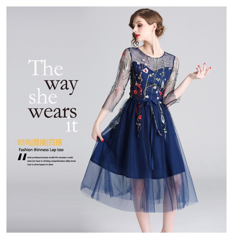 Real Shot Women's High Quality Embroidered Mesh Midi Party Dress | BigBuy360 - bigbuy360.vn
