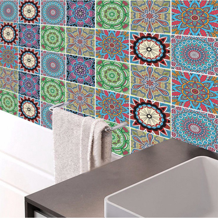 Decal gạch bông hoa văn đỏ xanh dạng rời (1 bộ 6 tấm 20cmx20cm)