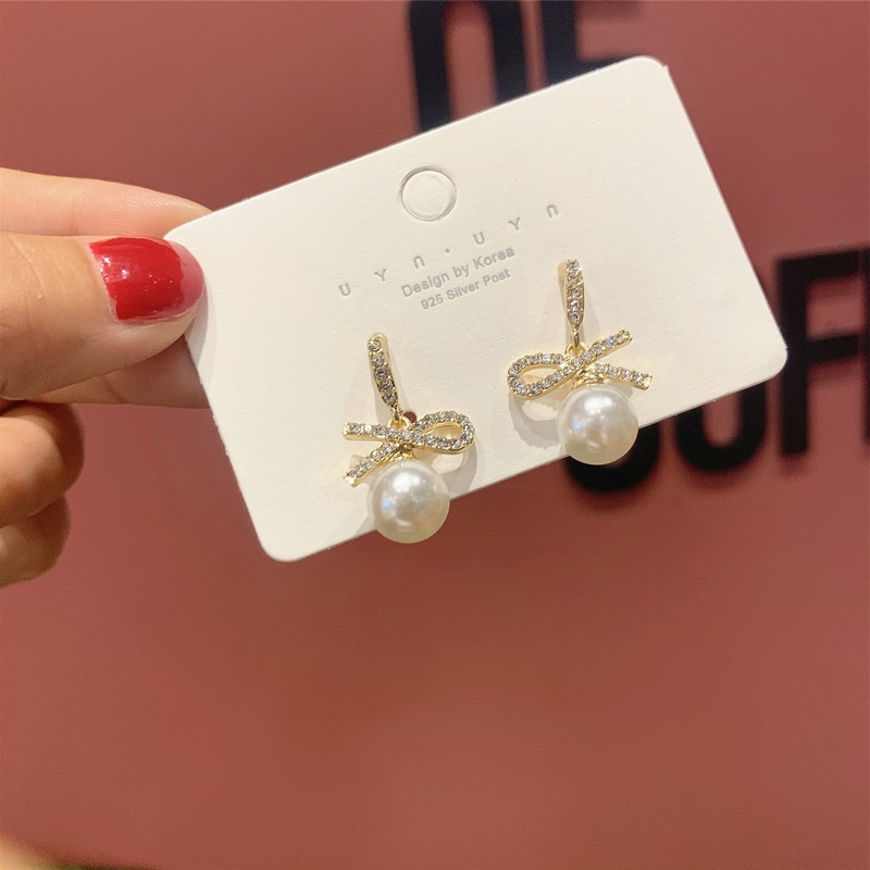 (MớI) Bông Tai HìNh Nơ ĐíNh HạT NgọC Trai Giả