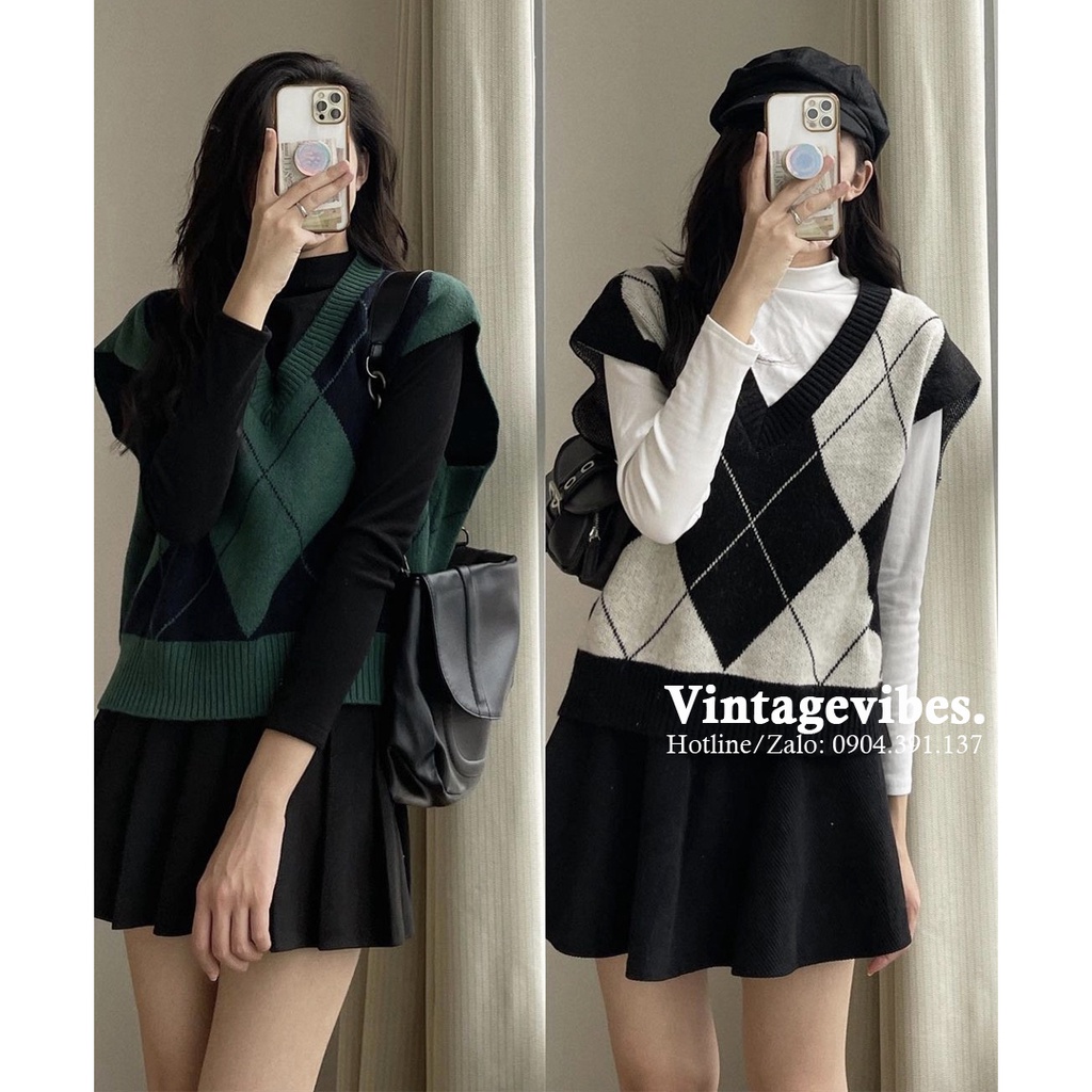 Áo len gile họa tiết quả trám vintage (hàng QC) - Ảnh thật