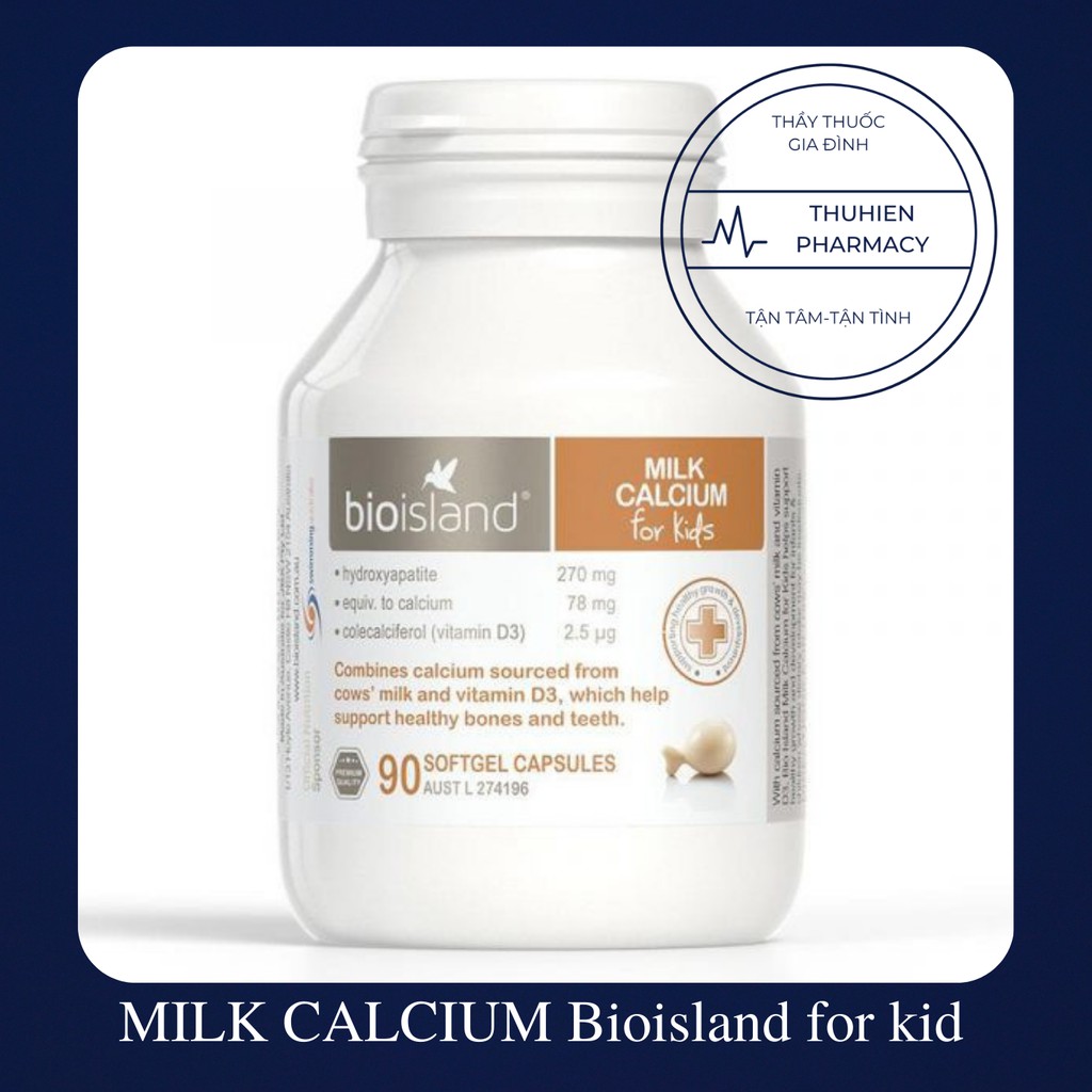 MILK CALCIUM Bioisland for kid - thực phẩm bổ sung canxi cho trẻ (Lọ 90 viên)