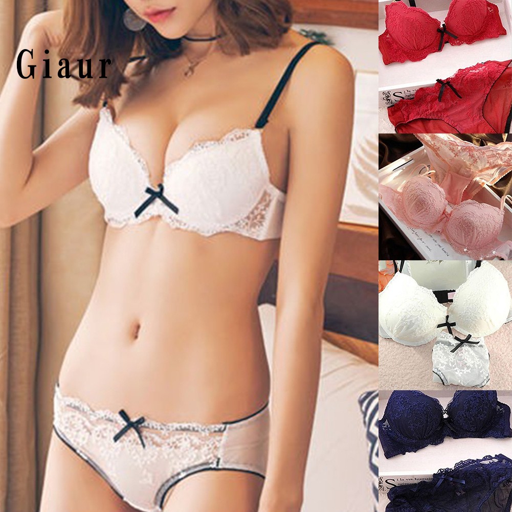 Set áo lót nâng ngực &amp; quần lót nữ họa tiết ren hoa thêu