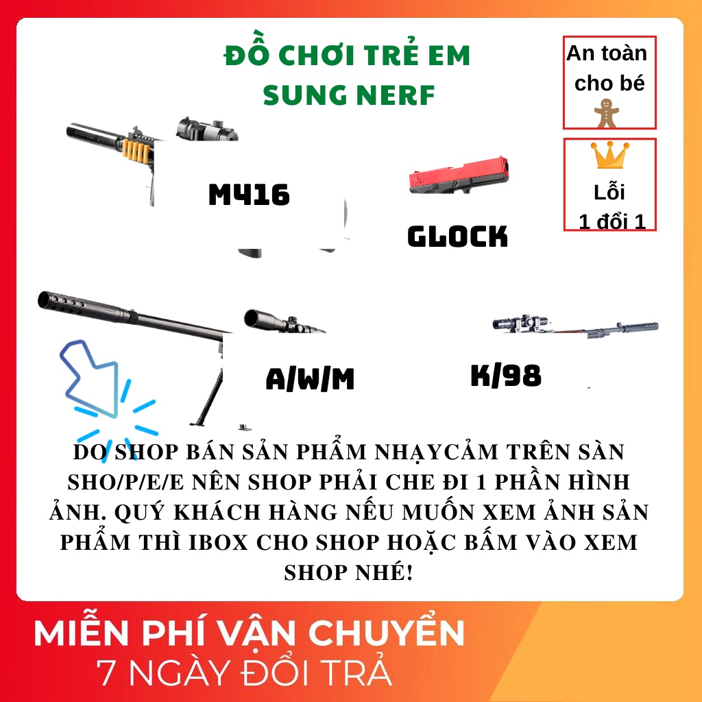 Đồ chơi trẻ em cho bé sung nerf GLOCK, M416, K98, AKM47 bắn xốp an toàn phù hợp mọi lứa tuổi kèm nhiều phụ kiện hấp dẫn