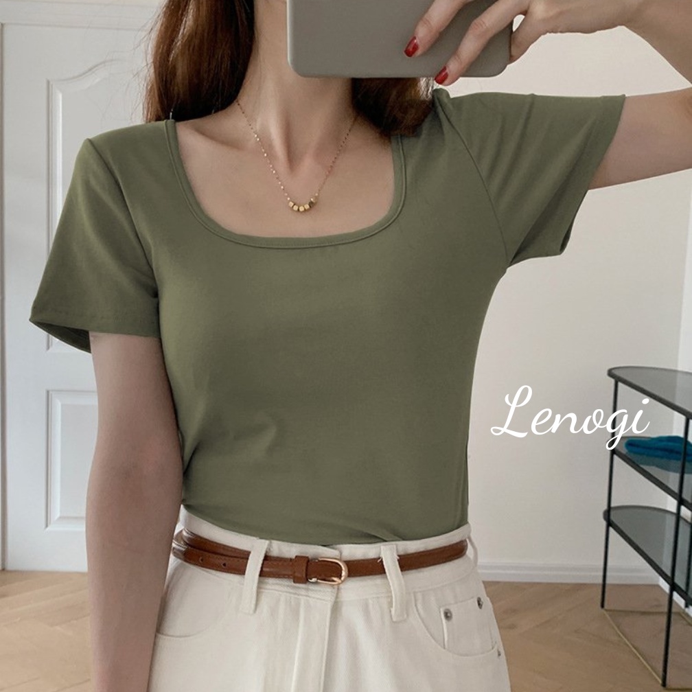 Áo phông nữ ❤️LENOGI❤️ áo cổ vuông cộc tay phom đẹp 100% cotton co giãn tốt mặc mát