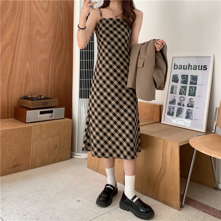 Đầm hai dây 17002 dáng dài dây mảnh phong cách retro Hàn Quốc cho nữ