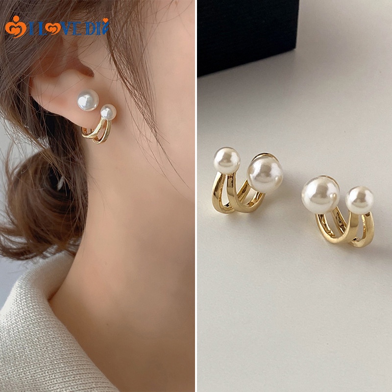 Khuyên Tai Đính Ngọc Trai Nhân Tạo Thiết Kế Hai Trong Một Màu Vàng Phong Cách Cổ Điển Thời Trang