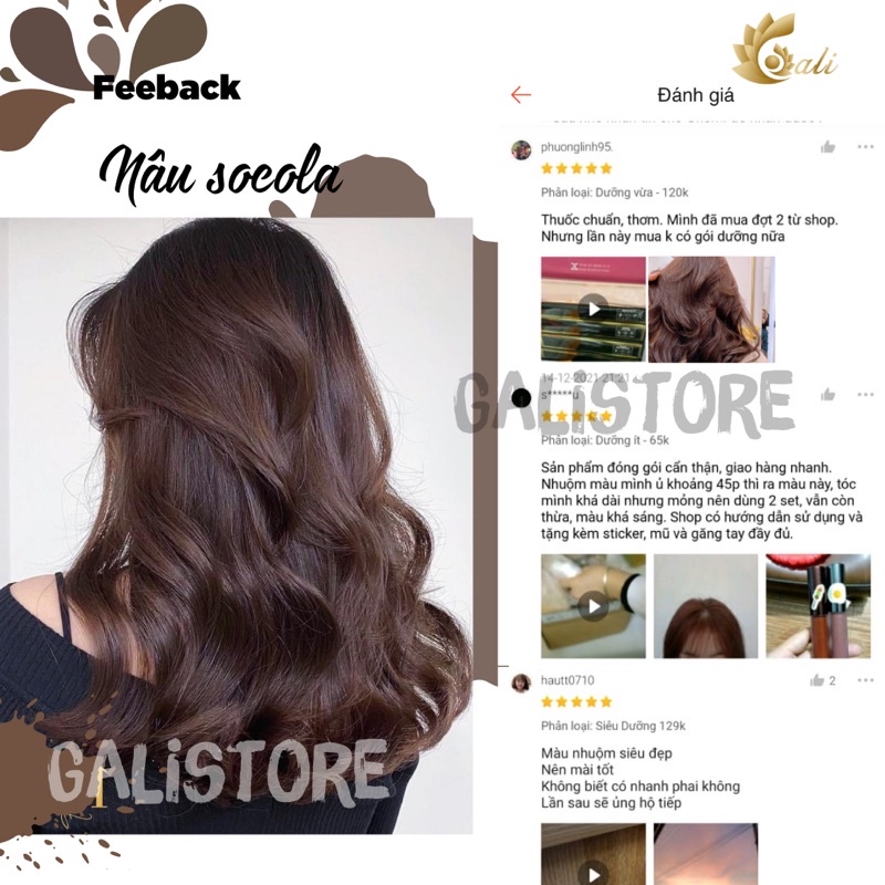 Thuốc nhuộm tóc Phủ Bạc màu Nâu thời trang Nâu socola, Nâu lạnh mật ong, Nâu tây, Nâu sáng tặng oxy trợ nhuộm Galistore