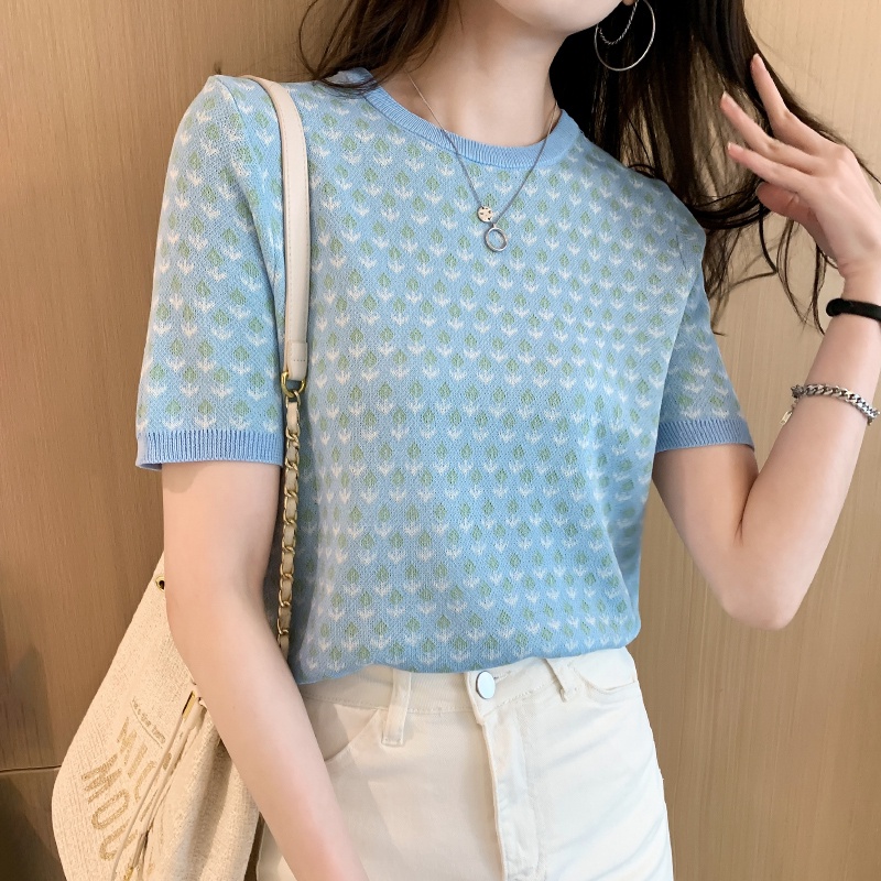 [Hana And Alice] Áo Thun Dệt Kim Ngắn Tay Dáng Rộng In Họa Tiết / Dễ Phối Đồ