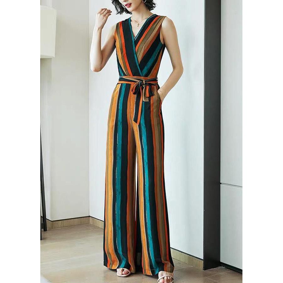 GOTI - JUMPSUIT NỮ TÍNH DÁNG DÀI KIỂU JUMPSUIT CỔ ĐẮP CHÉO IN SỌC NHIỀU MÀU CỘT EO GOTI 3245