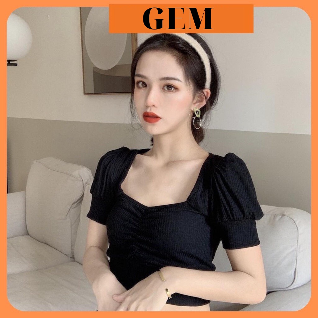 Áo Croptop tay phồng cổ tim nhún ngực Gem - Áo Croptop nữ tay phồng vải thun gân xin xắn Gem94