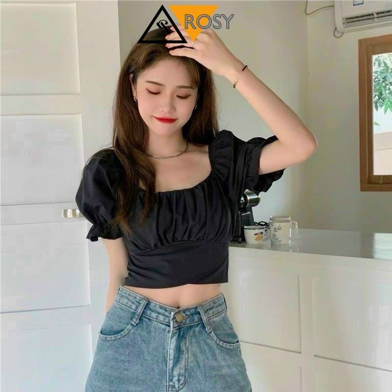 Áo Kiểu Croptop Cột Nơ Sau Lưng Tay Phồng Bánh Bèo Tiểu Thư Crt Trể Vai Cột Nơ Sau Lưng Chất Voan Dáng Babydoll