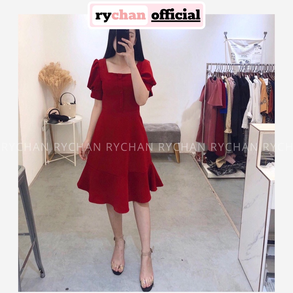 DX816 - Đầm Xòe Màu Đỏ Đuôi Cá Nút Bọc Cổ Vuông [ẢNH THẬT CUỐI]