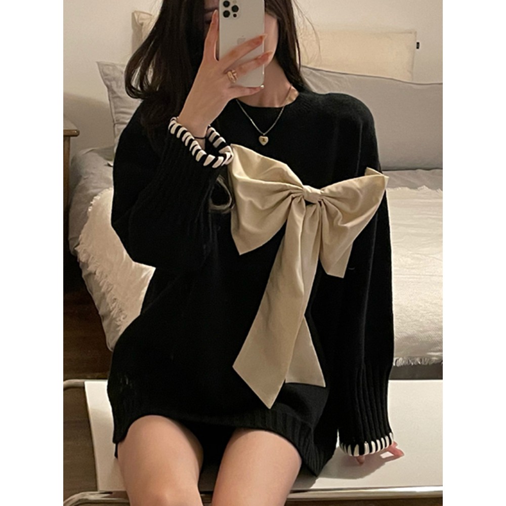 Áo len dáng rộng/ đầm dệt kim đính nơ kiểu Hàn Quốc dễ thương