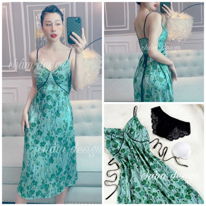 Váy dáng dài lụa tằm cao cấp không nhăn hoạ tiết hoa xanh dịu êm, phiên bản giới hạn hàng thiết kế độc quyền tại shop