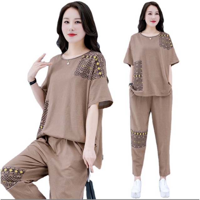 Set Đồ Thể Thao Áo Thun Tay Ngắn Cổ Tròn Phối Quần Dài Ống Đứng Màu Trơn Thời Trang Năng Động