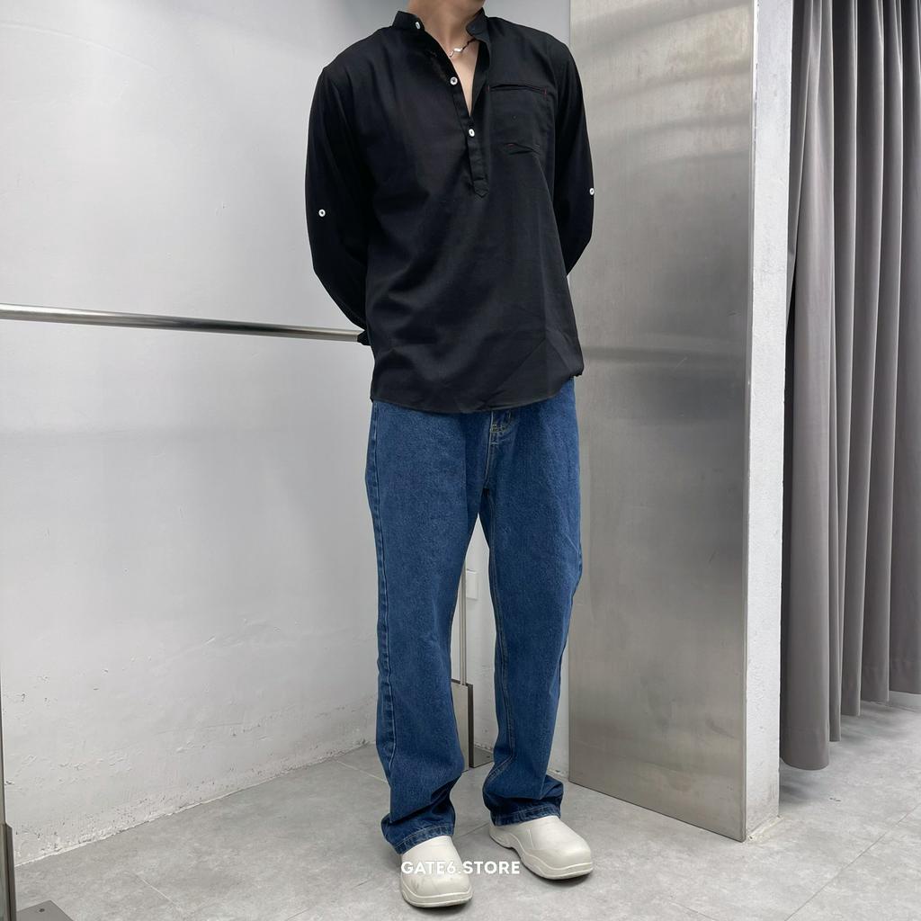 Áo Sơmi Nam đũi henley BT, somi cổ trụ vải linen mềm đã giặt xử lý chống co dáng rộng Hàn Quốc - GATE6 - 4971