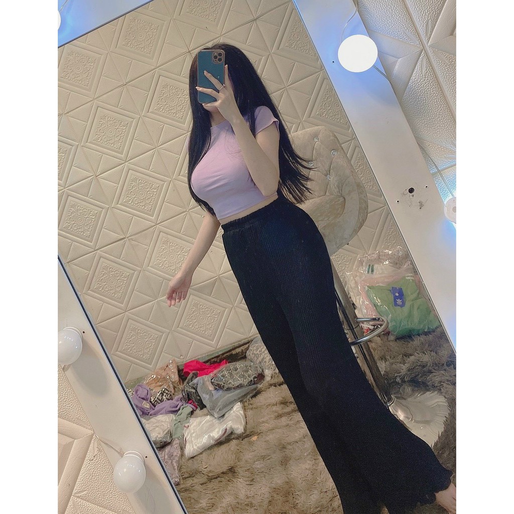Sét bộ áo croptop cổ tròn trơn phối quần xếp ly voan 2 lớp cực xinh ( ảnh thật )