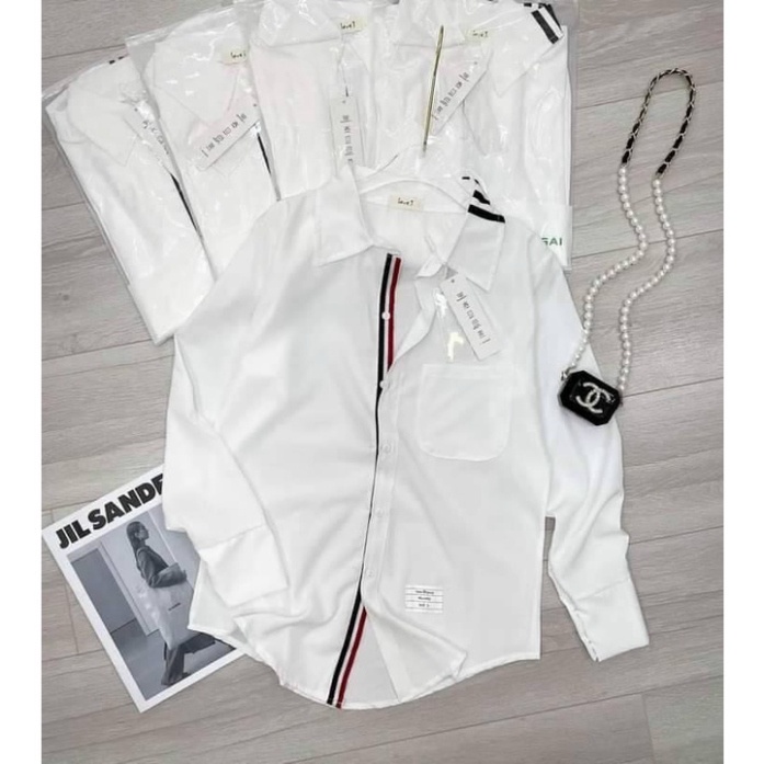 Áo sơ mi THOM viền sọc, áo sơmi trắng dài tay thom kẻ. CARINA