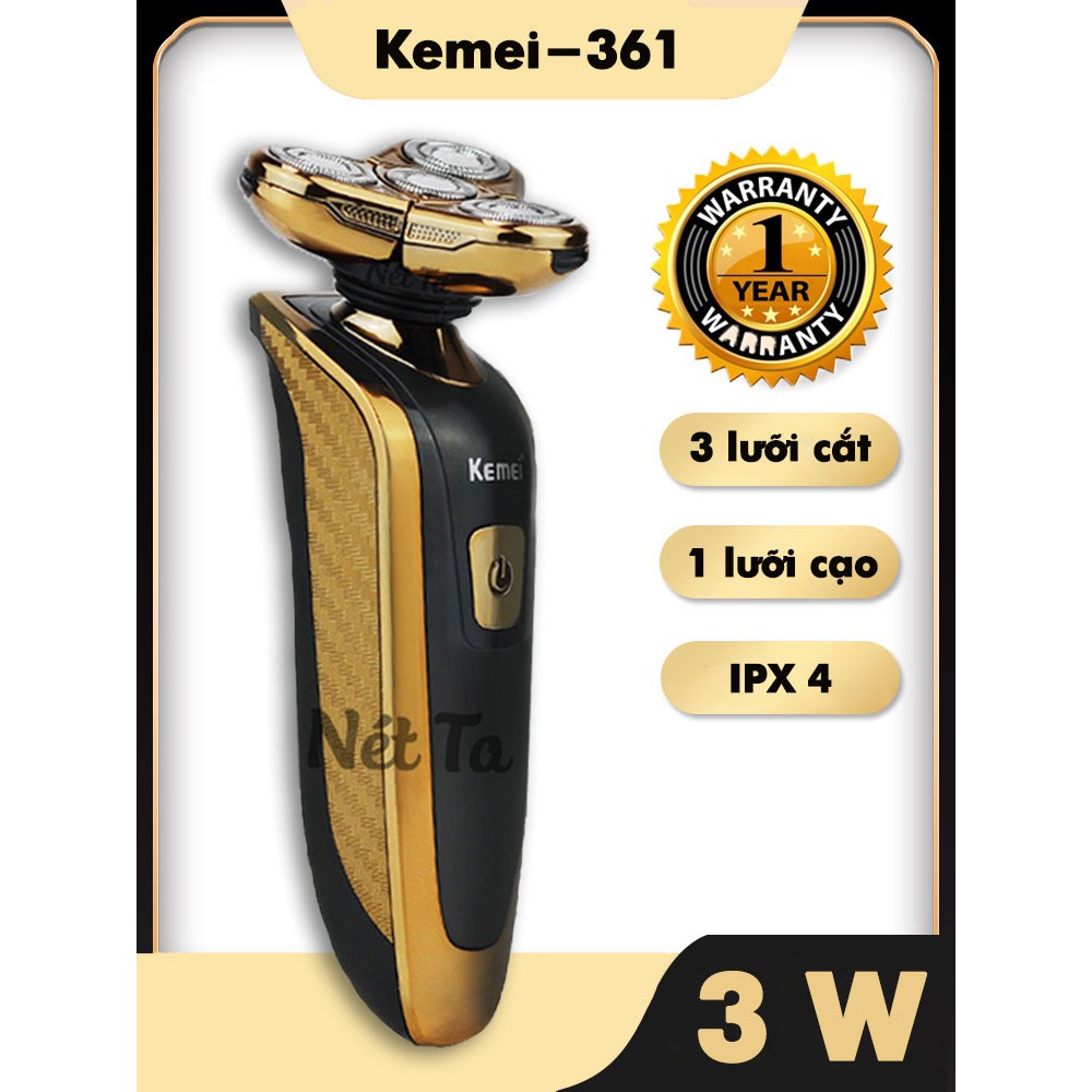 Máy cạo râu 4 lưỡi tròn cao cấp lưỡi Lift and Cut hiệu quả cạo gấp đôi Kemei KM-361