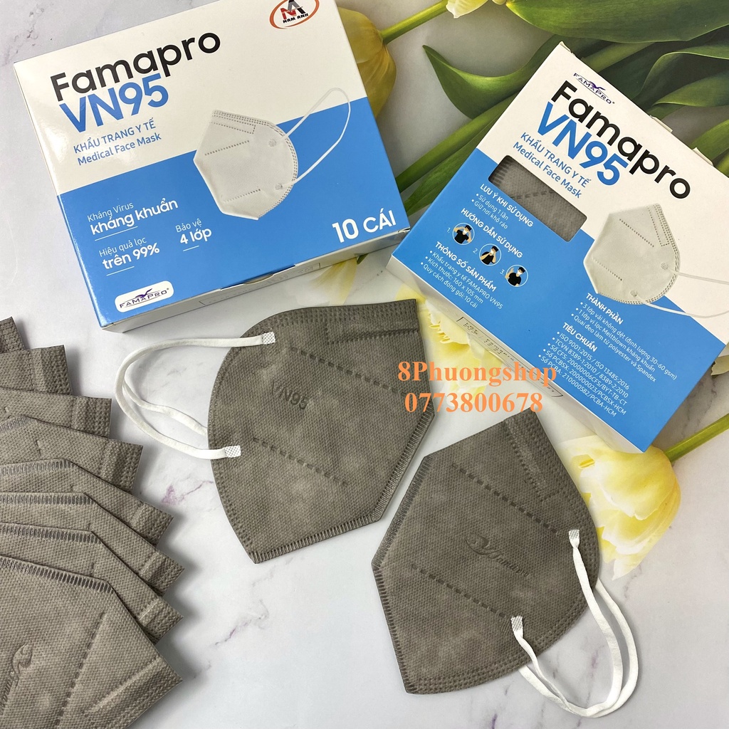 Khẩu trang y tế VN95 kháng khuẩn 4 lớp FAMAPRO Hộp 10 cái - 8 màu Trắng / Xám / Đen / Navy / Vàng / Hồng / Rêu