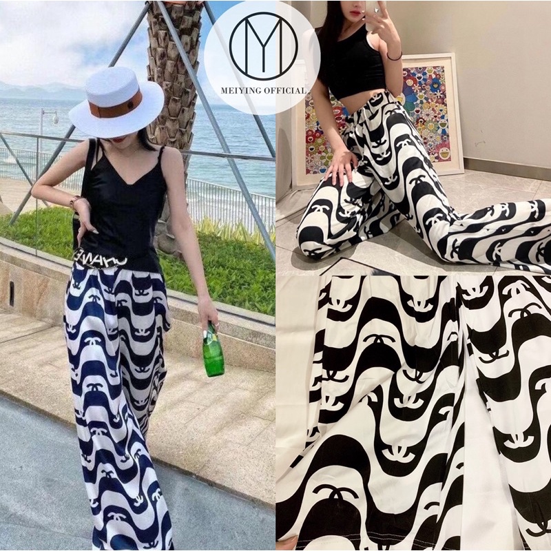 Quần suông ống rộng cạp chun đen trắng, quần ống loe chất thun (ảnh thật)