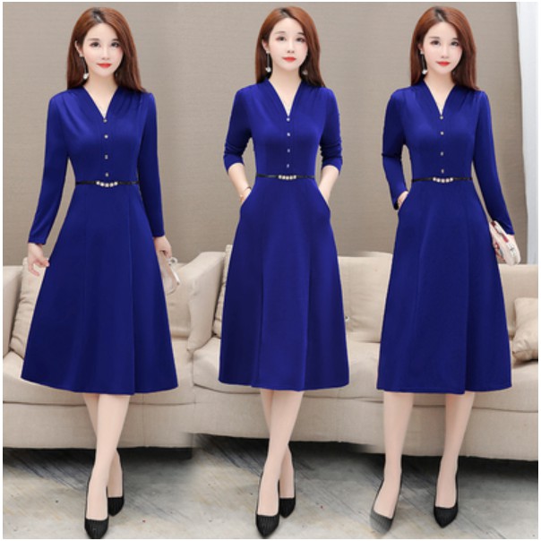 Korean Style Autumn Elegant Women Dinner Dress Plus Size Solid Color Slim V-neck Tunic Midi A-line Cocktail Christmas Party Prom Dresses