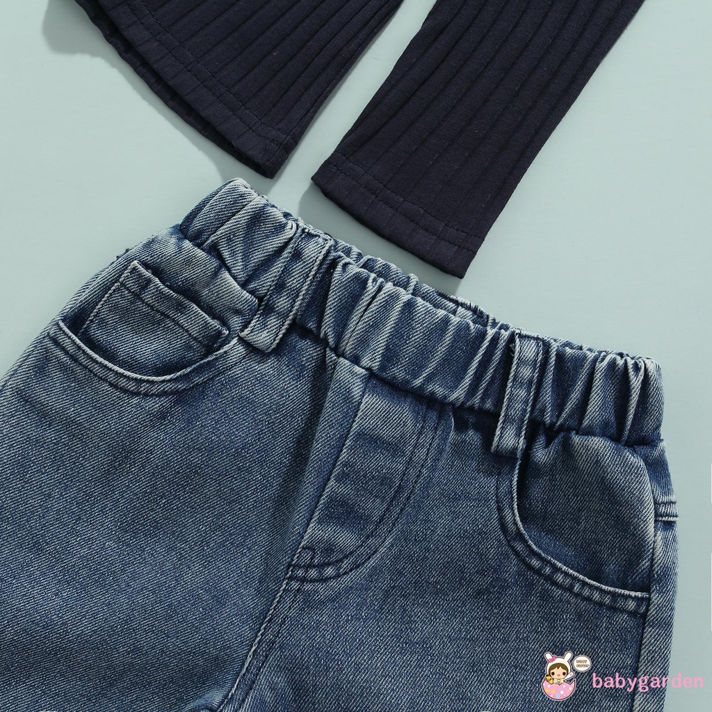 Áo Len Cổ Lọ Tay Dài Màu Trơn + Quần Denim Thời Trang Mùa Thu Cho Bé Gái 2-7 Tuổi