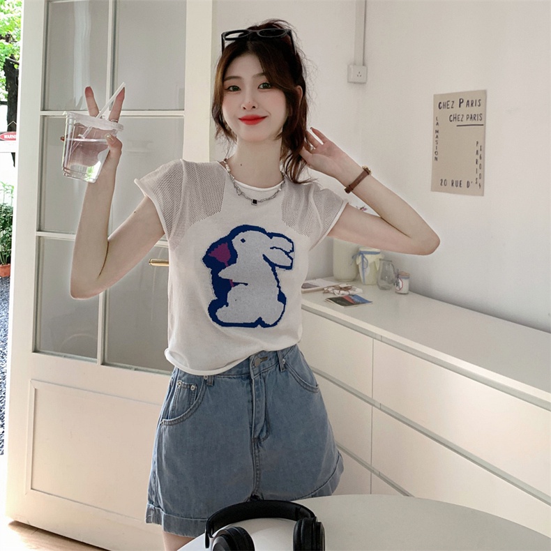 Áo thun ZHELIHANGFEI dệt kim ngắn tay thêu họa tiết xinh xắn thời trang