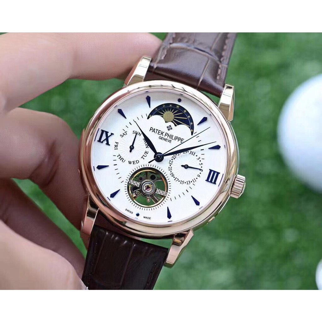 Đồng hồ Nam Pt 6kim trăng sao size 42mm vàng gold dây da 2 màu kiểu mới