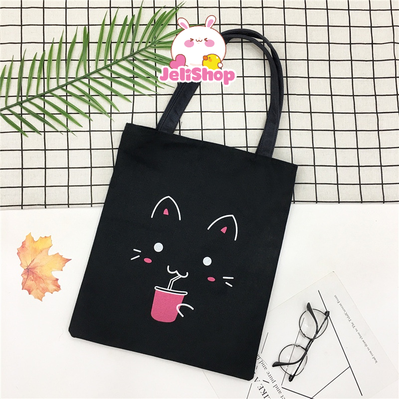Túi Tote Vải Đen Canvas Đeo Vai Ullzang Hàn Quốc Họa Tiết Dễ Thương JeliShop