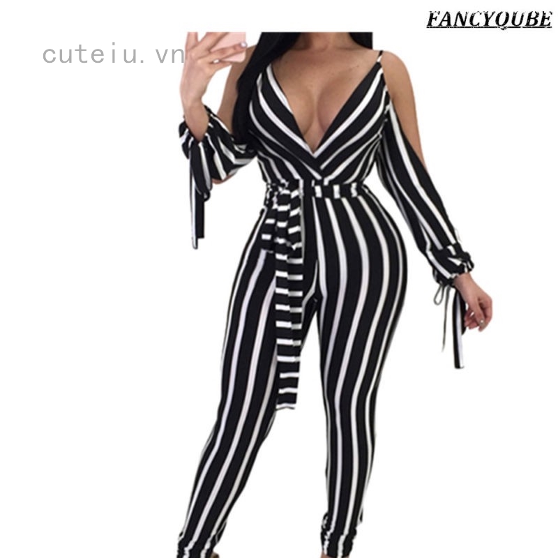 Jumpsuit Ôm Sát Hoạ Tiết Kẻ Sọc Thiết Kế Hở Lưng Quyến Rũ