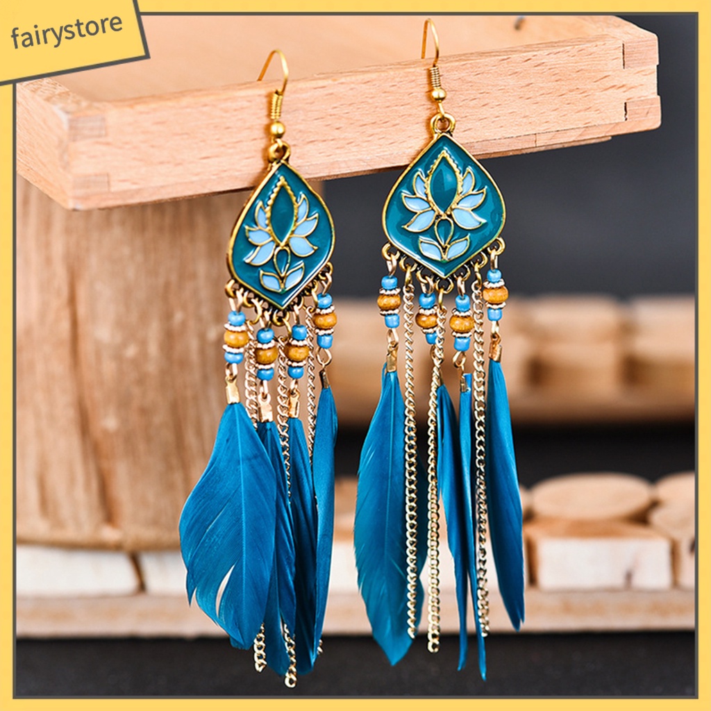 Khuyên Tai Dáng Dài Phối Lông Vũ Phong Cách Bohomian