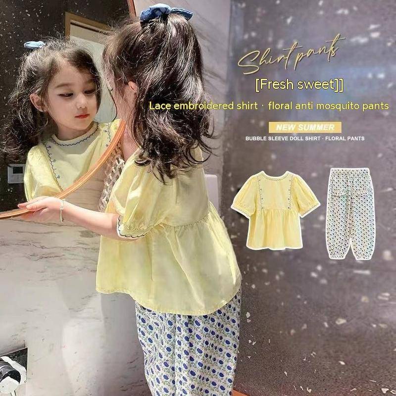 Set áo ngắn tay + quần dài phong cách Hàn Quốc Phương Tây thời trang mùa hè cho bé gái