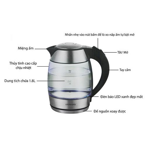 Ấm điện đun nước siêu tốc thủy tinh Lock&amp;Lock 1.8 lít - Công suất 1850W - Đế xoay 360 độ có đèn led báo