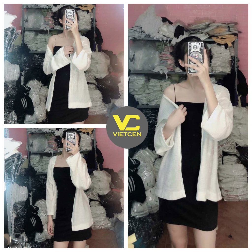 Set áo khoác cardigan len mỏng và váy 2 dây màu đen hot trend - VIECEN | BigBuy360 - bigbuy360.vn