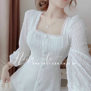 Đầm dự tiệc Đầm midi trắng dáng dài tay phồng vải voan phối bi cổ vuông
