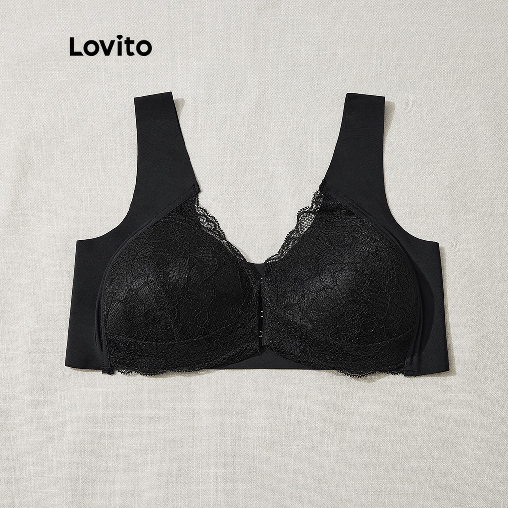 Áo ngực Lovito bigsize curve Plain Front Close Contrast 3/4 Coverage No Pads Lace Bra Casual L31ED031 (Đậu/Màu da/Đen/Xám bạc)