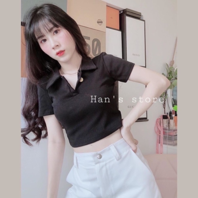 Áo thun croptop cổ bẻ trơn | BigBuy360 - bigbuy360.vn
