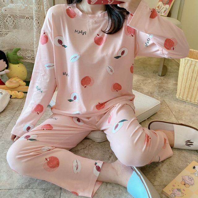 Bộ đồ ngủ thun dài tay thu đông họa tiết hoạt hình dễ thương ulzzang 2020