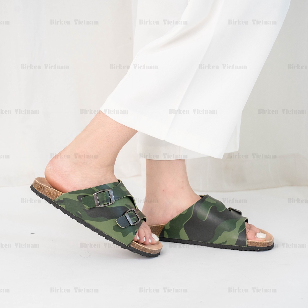 [ New Style ] Mã R19 DÉP ĐẾ TRẤU Da PU Camo Rằn Ri Quai Nguyên Tấm Cách Điệu Unisex Birken Vietnam Bioline