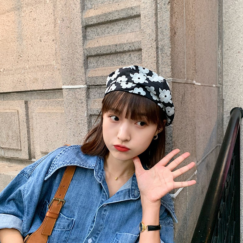 Mũ beret đính hoa phong cách Retro Anh quốc Hoa beret