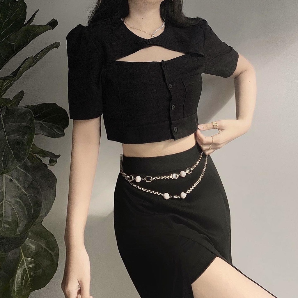 Áo sơ mi croptop nữ cộc tay sang chảnh, cá tính thời trang siêu đỉnh LONDON | BigBuy360 - bigbuy360.vn