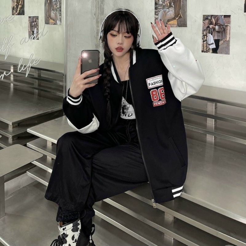 Áo Bomber nam nữ unisex ,Áo khoác nỉ 86 form rộng sẵn 2 màu Freesize dưới 65kg | BigBuy360 - bigbuy360.vn
