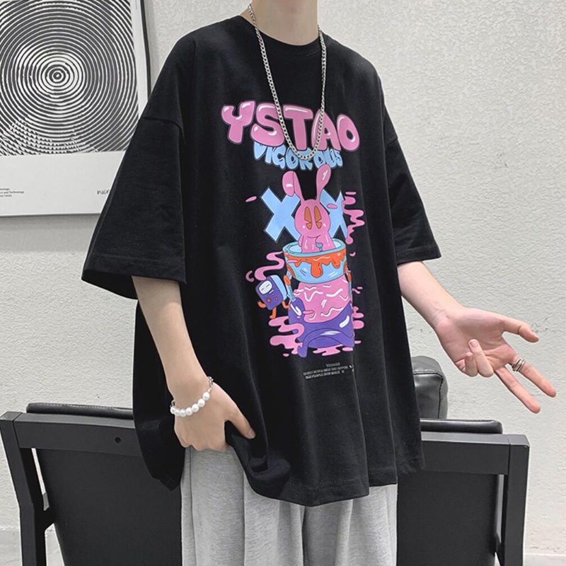 Áo thun tay ngắn dáng rộng họa tiết Graffiti phong cách Hong Kong thời trang mùa hè cho nam